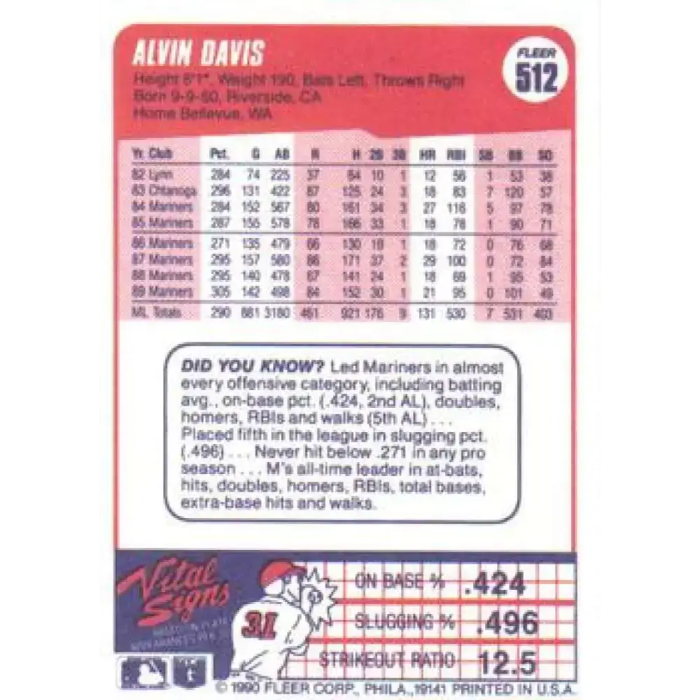 1990 Fleer #512 Alvin Davis NM-MT Seattle Mariners Baseball Card - Baseball Card Single