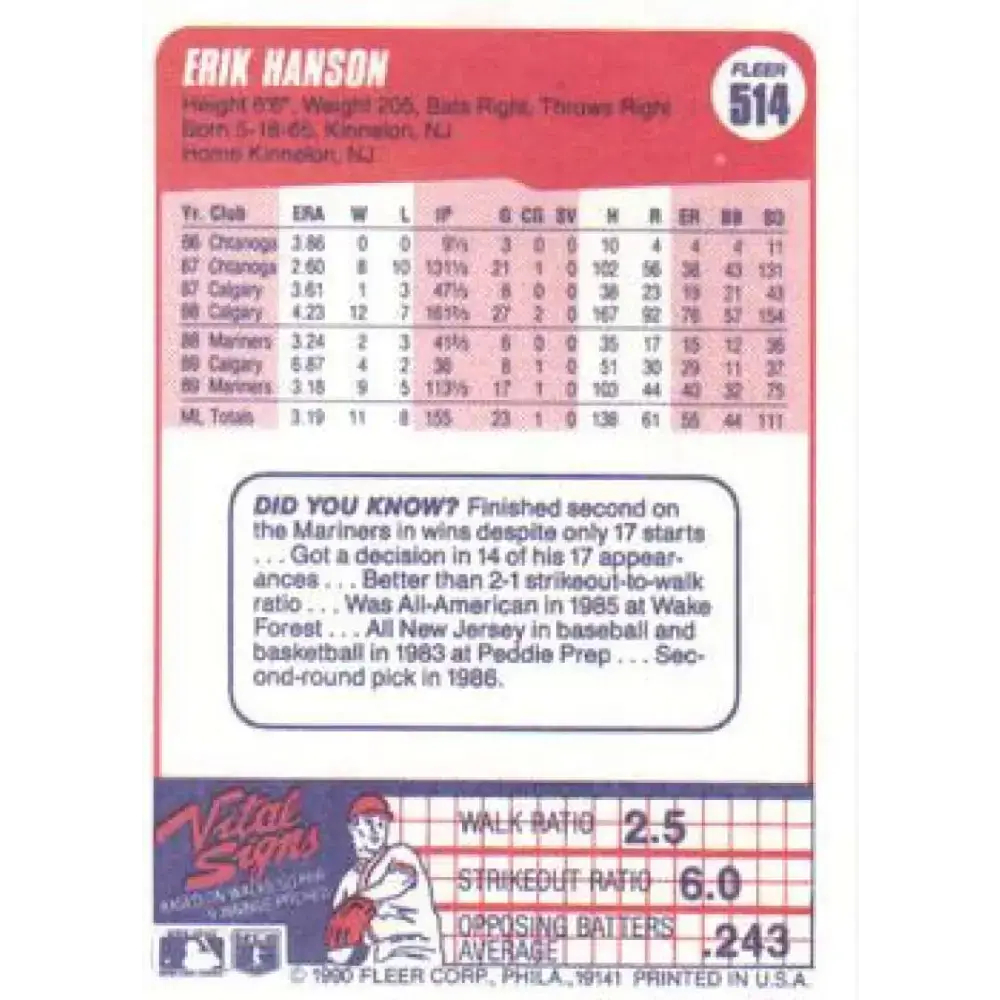 1990 Fleer #514 Erik Hanson NM-MT Seattle Mariners Baseball Card - Baseball Card Single