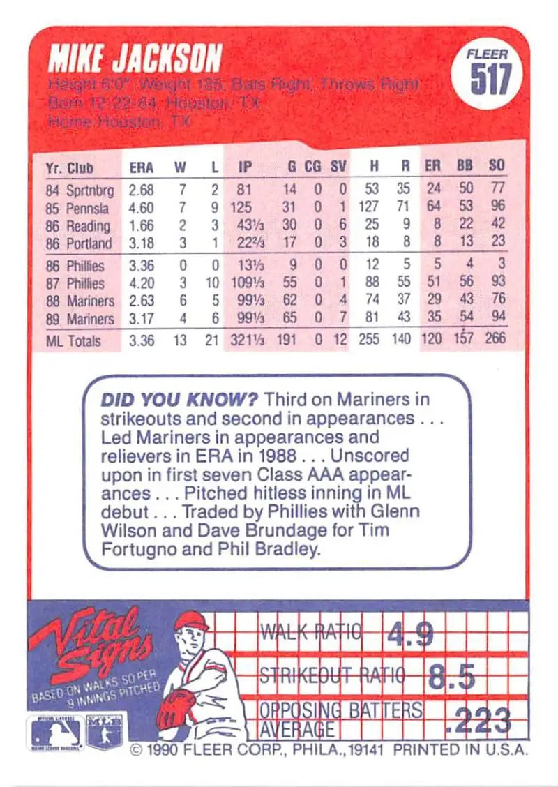 1990 Fleer #517 Mike Jackson NM-MT Seattle Mariners Baseball Card - Baseball Card Single