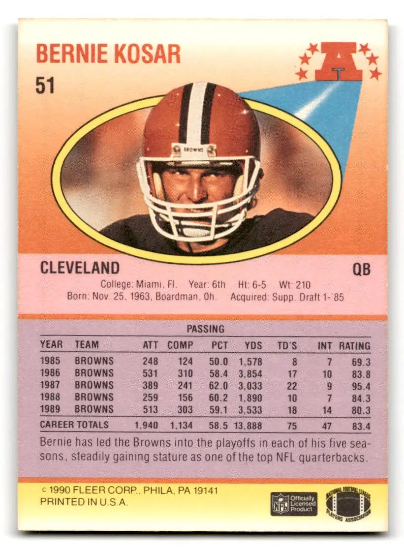 1990 Fleer #51b Bernie Kosar Right edge of A in AFC logo aligned with blue - Football Card Single