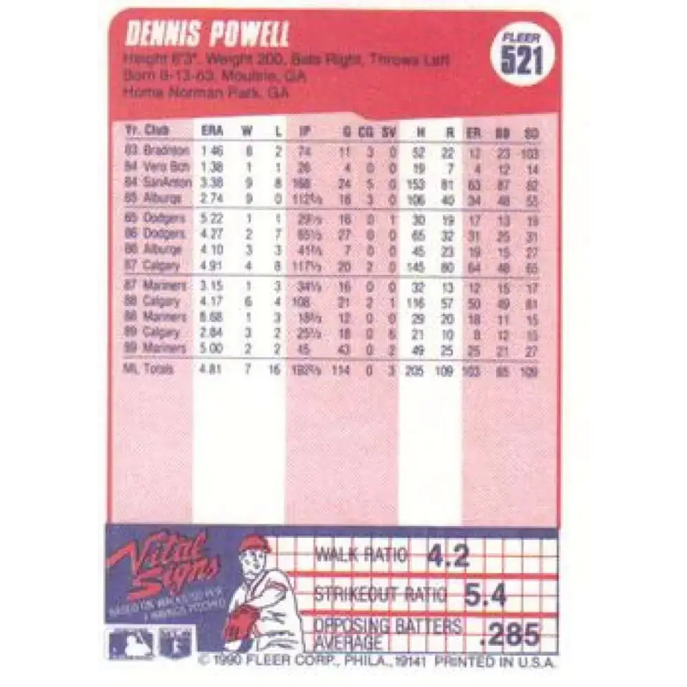 1990 Fleer #521 Dennis Powell NM-MT Seattle Mariners Baseball Card - Baseball Card Single