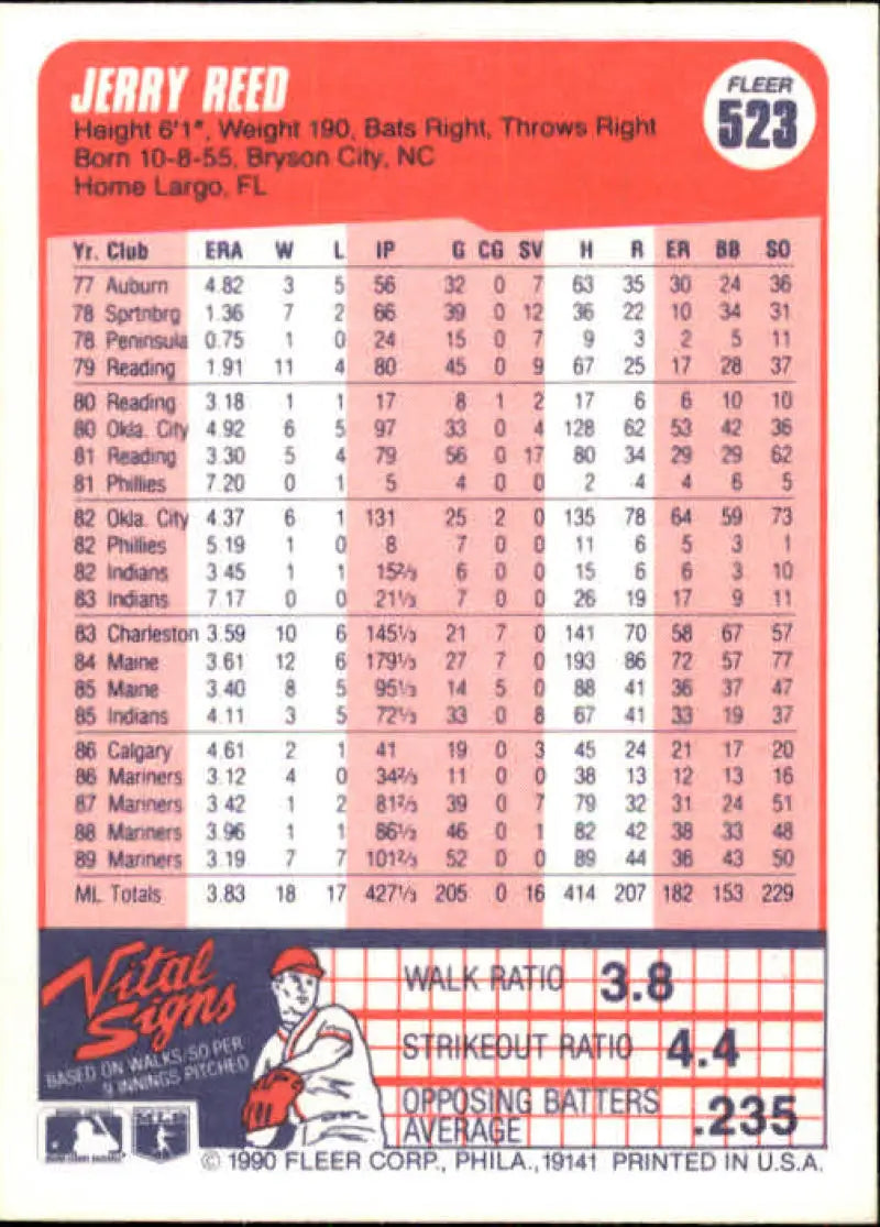 1990 Fleer #523 Jerry Reed NM-MT Seattle Mariners Baseball Card - Baseball Card Single
