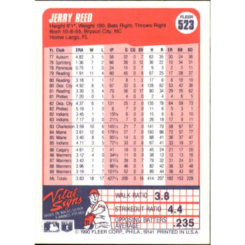 1990 Fleer #523 Jerry Reed NM-MT Seattle Mariners Baseball Card - Baseball Card Single