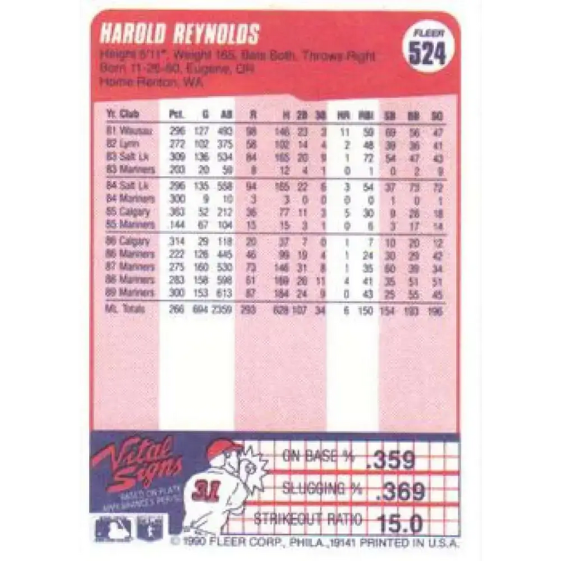 1990 Fleer #524 Harold Reynolds NM-MT Seattle Mariners Baseball Card - Baseball Card Single
