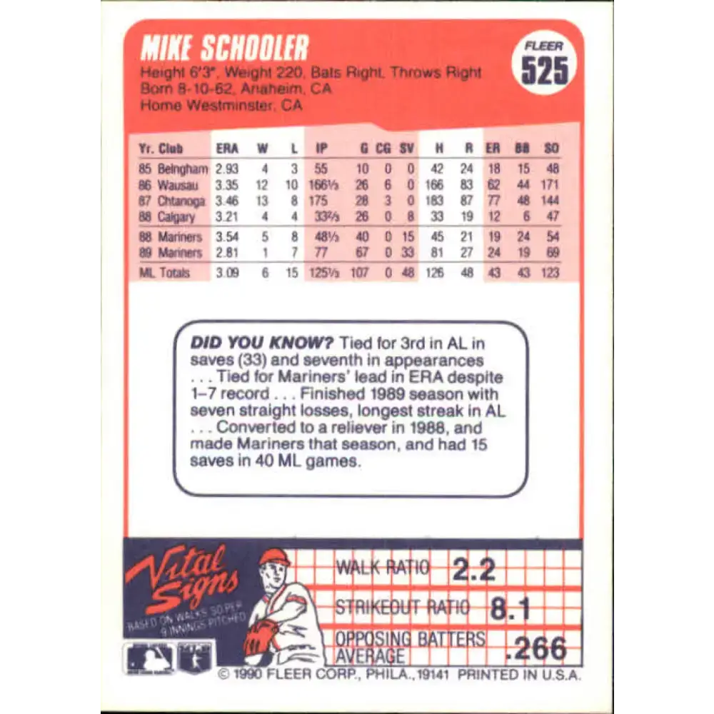 1990 Fleer #525 Mike Schooler NM-MT Seattle Mariners Baseball Card - Baseball Card Single
