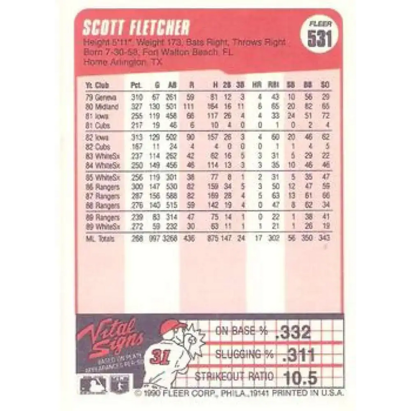 1990 Fleer #531 Scott Fletcher NM-MT Chicago White Sox Baseball Card - Baseball Card Single