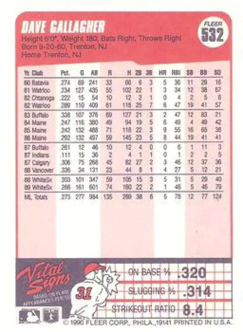 1990 Fleer #532 Dave Gallagher NM-MT Chicago White Sox Baseball Card - Baseball Card Single