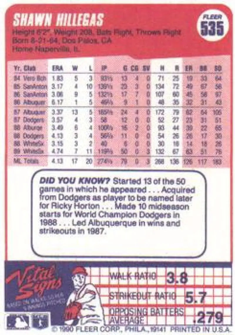 1990 Fleer #535 Shawn Hillegas NM-MT Chicago White Sox Baseball Card - Baseball Card Single