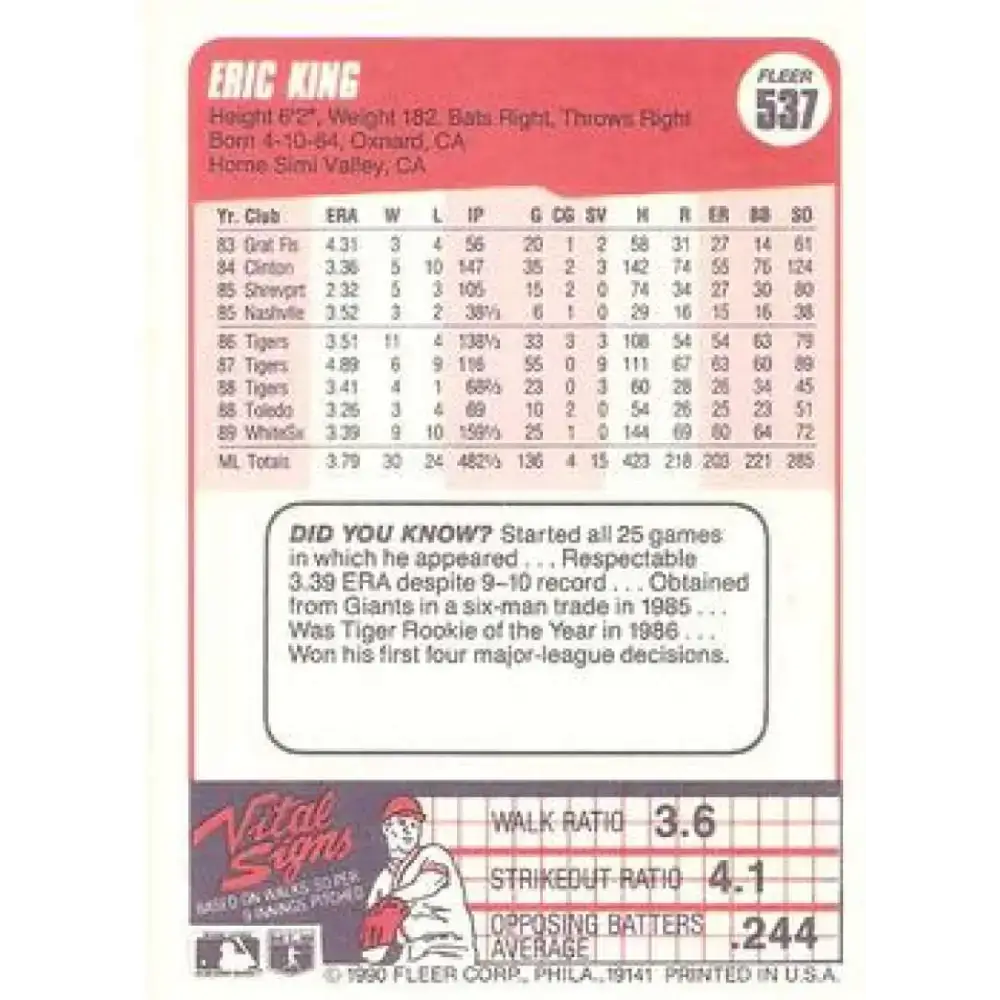 1990 Fleer #537 Eric King NM-MT Chicago White Sox Baseball Card - Baseball Card Single