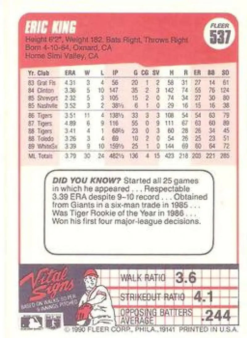 1990 Fleer #537 Eric King NM-MT Chicago White Sox Baseball Card - Baseball Card Single
