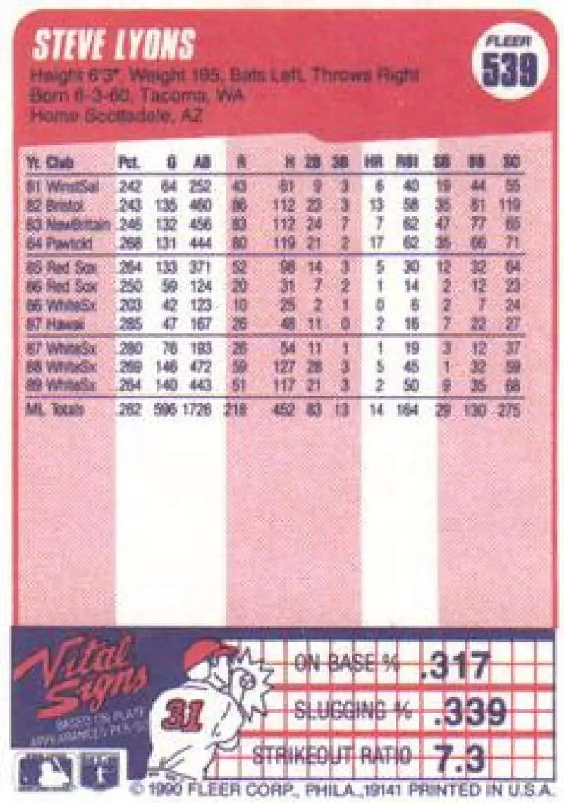 1990 Fleer #539 Steve Lyons NM-MT Chicago White Sox Baseball Card - Baseball Card Single