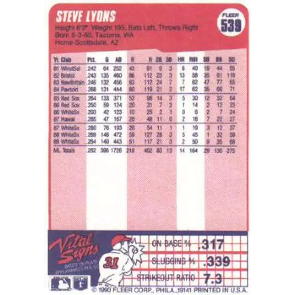 1990 Fleer #539 Steve Lyons NM-MT Chicago White Sox Baseball Card - Baseball Card Single