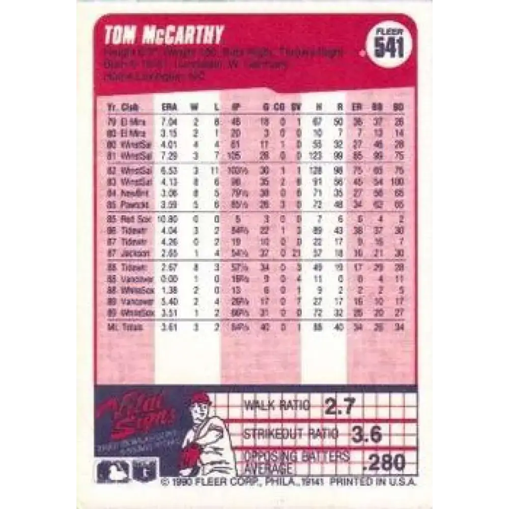1990 Fleer #541 Tom McCarthy NM-MT Chicago White Sox Baseball Card - Baseball Card Single