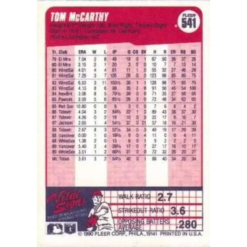 1990 Fleer #541 Tom McCarthy NM-MT Chicago White Sox Baseball Card - Baseball Card Single