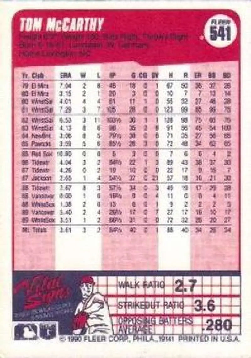 1990 Fleer #541 Tom McCarthy NM-MT Chicago White Sox Baseball Card - Baseball Card Single