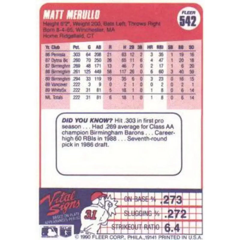 1990 Fleer #542 Matt Merullo NM-MT Chicago White Sox Baseball Card - Baseball Card Single