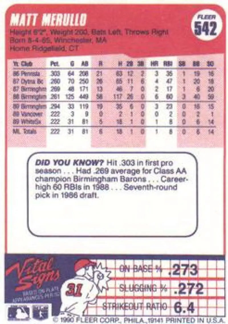 1990 Fleer #542 Matt Merullo NM-MT Chicago White Sox Baseball Card - Baseball Card Single
