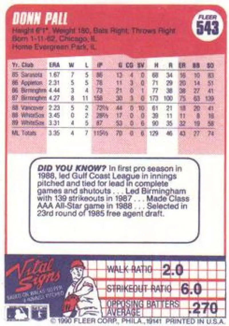 1990 Fleer #543 Donn Pall NM-MT Chicago White Sox Baseball Card - Baseball Card Single