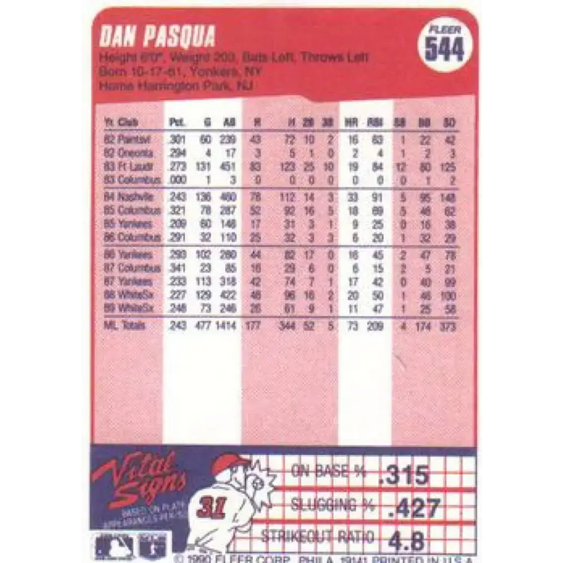 1990 Fleer #544 Dan Pasqua NM-MT Chicago White Sox Baseball Card - Baseball Card Single