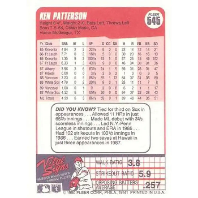 1990 Fleer #545 Ken Patterson NM-MT Chicago White Sox Baseball Card - Baseball Card Single