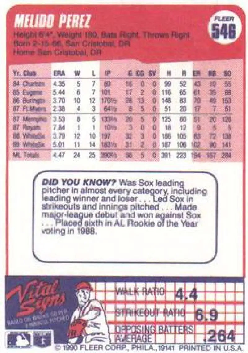 1990 Fleer #546 Melido Perez NM-MT Chicago White Sox Baseball Card - Baseball Card Single