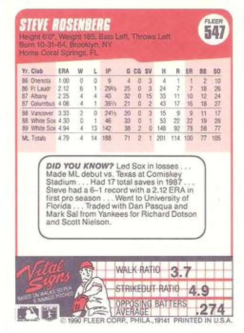 1990 Fleer #547 Steve Rosenberg NM-MT Chicago White Sox Baseball Card - Baseball Card Single