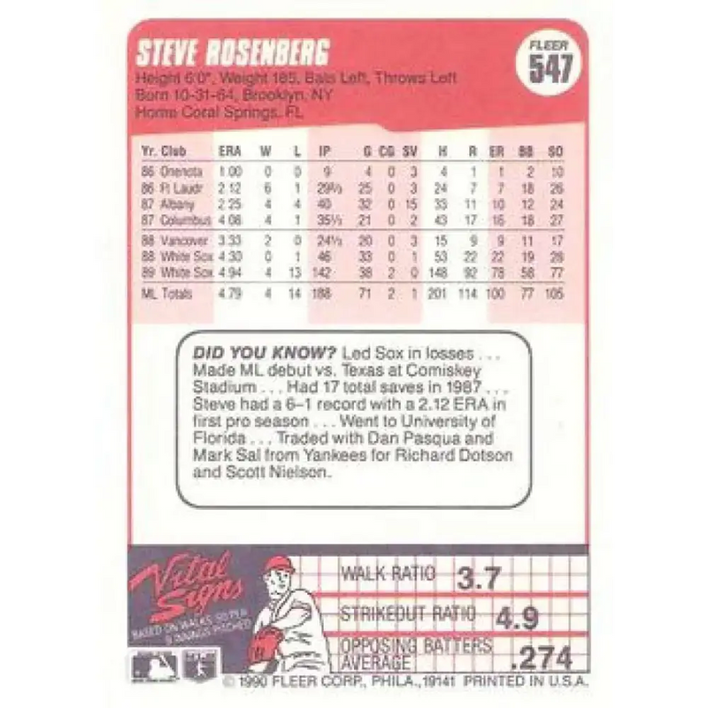 1990 Fleer #547 Steve Rosenberg NM-MT Chicago White Sox Baseball Card - Baseball Card Single