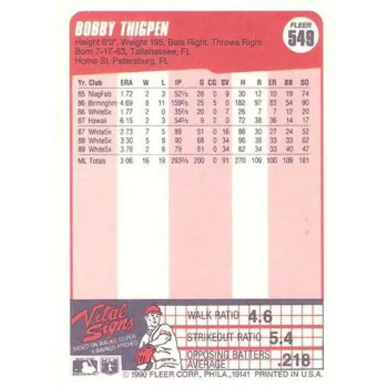 1990 Fleer #549 Bobby Thigpen NM-MT Chicago White Sox Baseball Card - Baseball Card Single