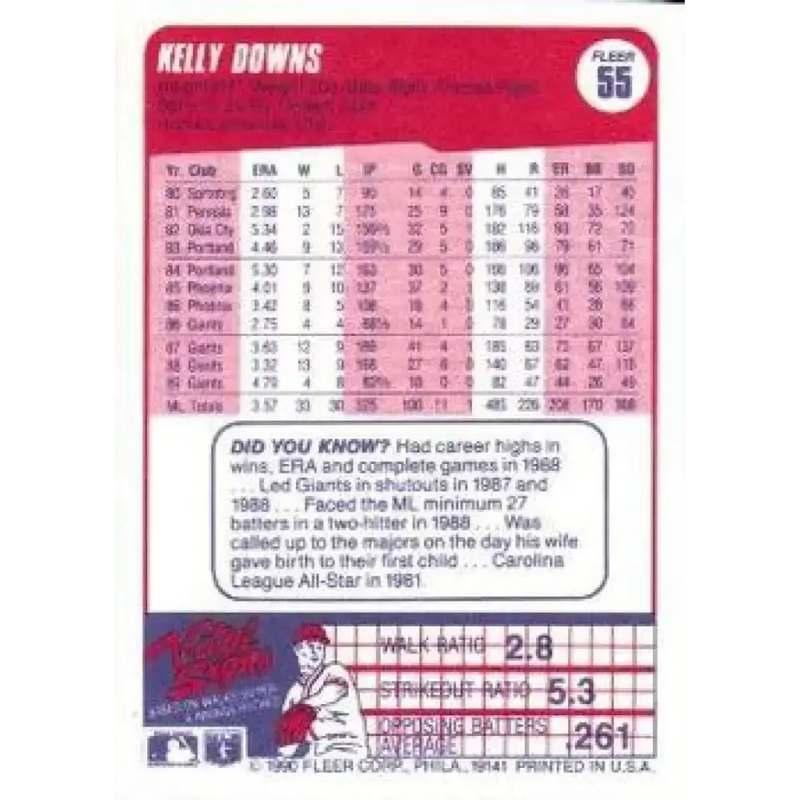 1990 Fleer #55 Kelly Downs NM-MT San Francisco Giants Baseball Card - Baseball Card Single