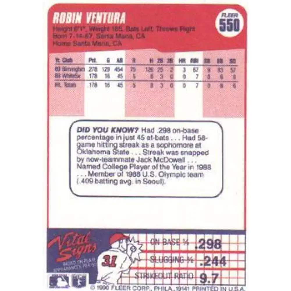 1990 Fleer #550 Robin Ventura NM-MT Chicago White Sox Baseball Card - Baseball Card Single