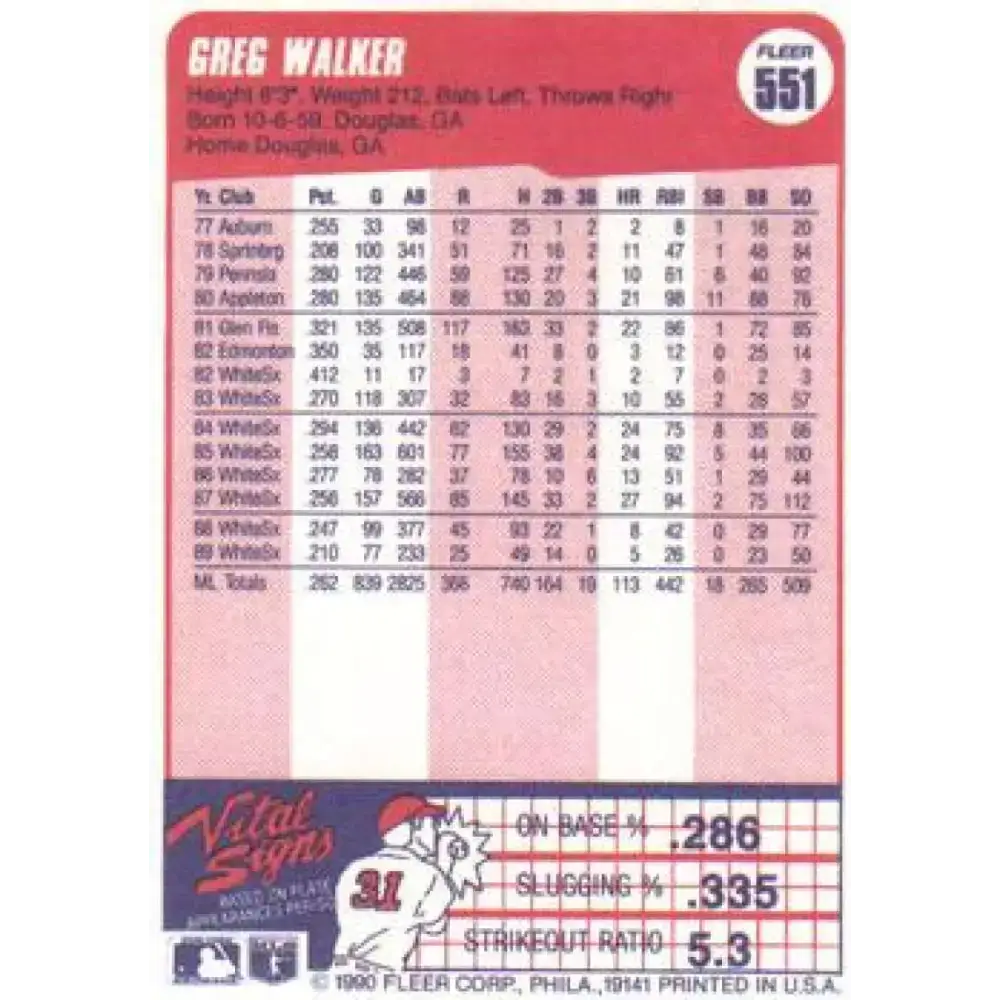 1990 Fleer #551 Greg Walker NM-MT Chicago White Sox Baseball Card - Baseball Card Single