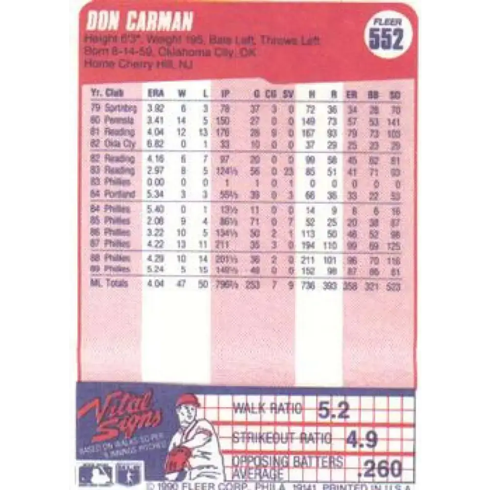 1990 Fleer #552 Don Carman NM-MT Philadelphia Phillies Baseball Card - Baseball Card Single