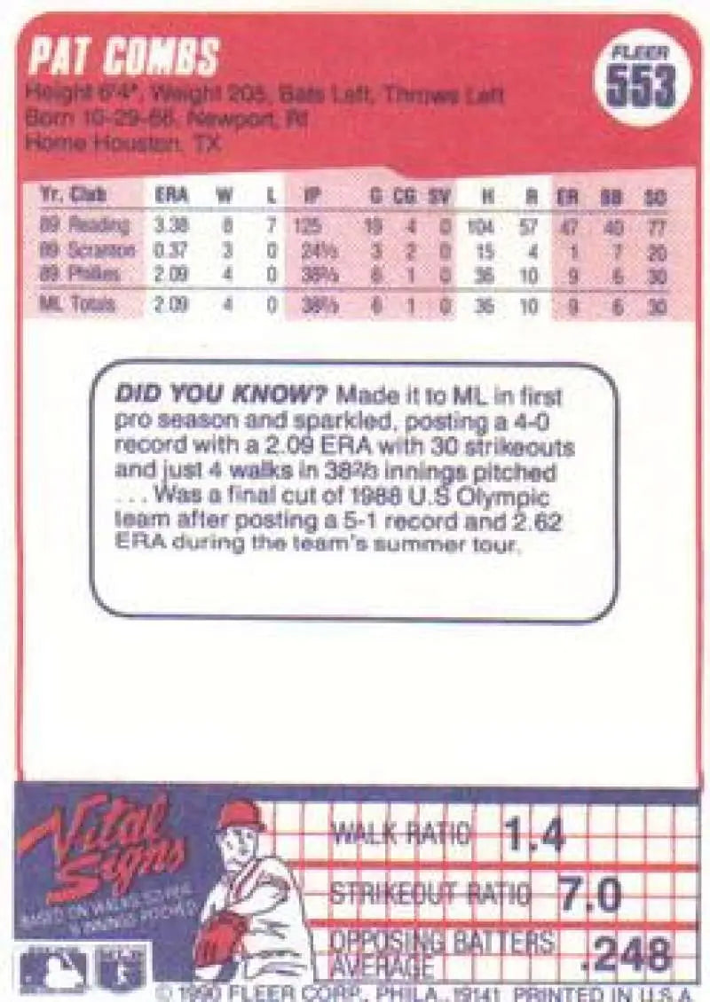 1990 Fleer #553 Pat Combs NM-MT Philadelphia Phillies Baseball Card - Baseball Card Single