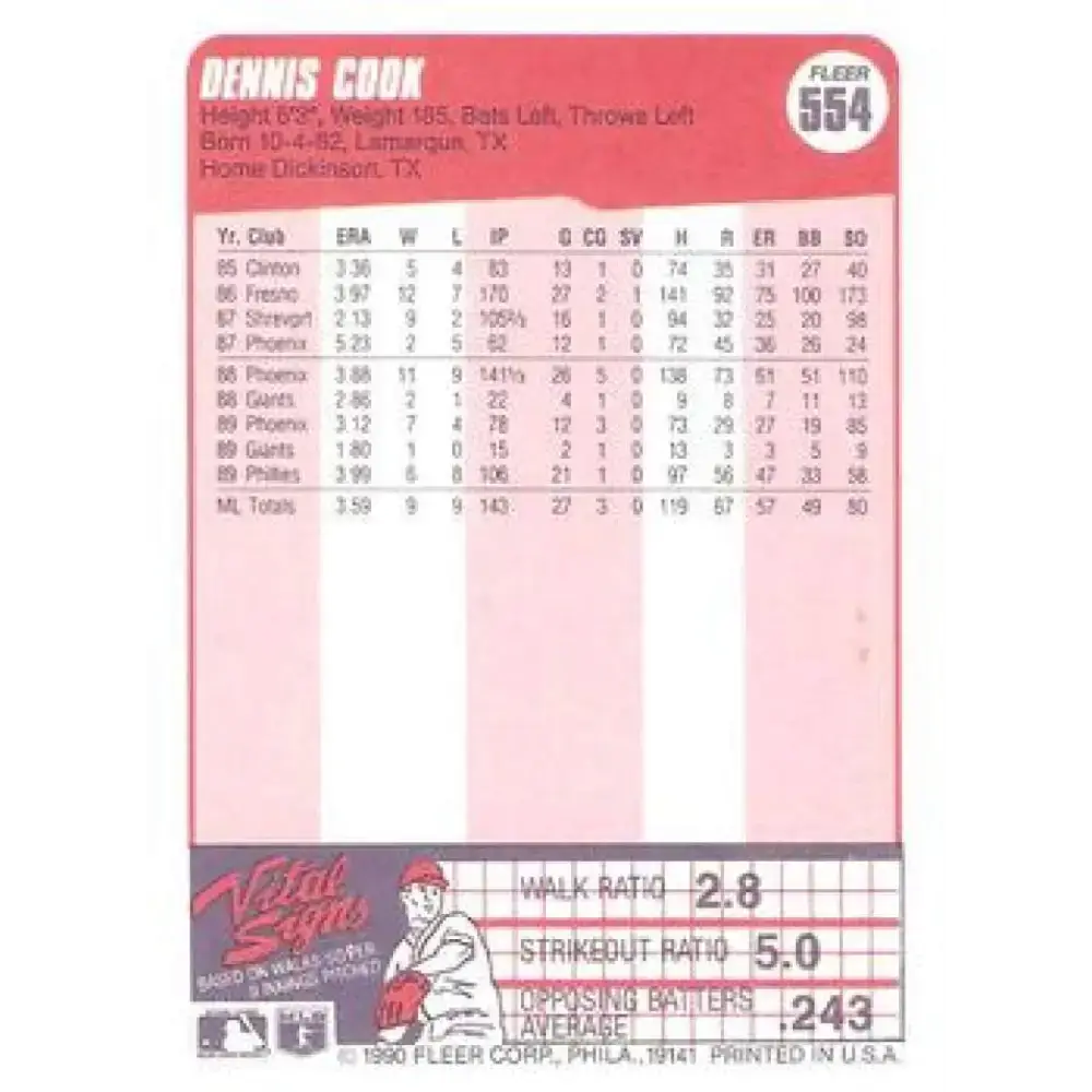 1990 Fleer #554 Dennis Cook NM-MT Philadelphia Phillies Baseball Card - Baseball Card Single