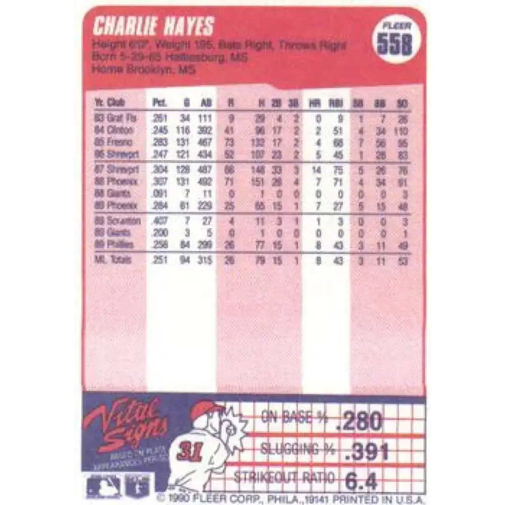1990 Fleer #558 Charlie Hayes NM-MT Philadelphia Phillies Baseball Card - Baseball Card Single