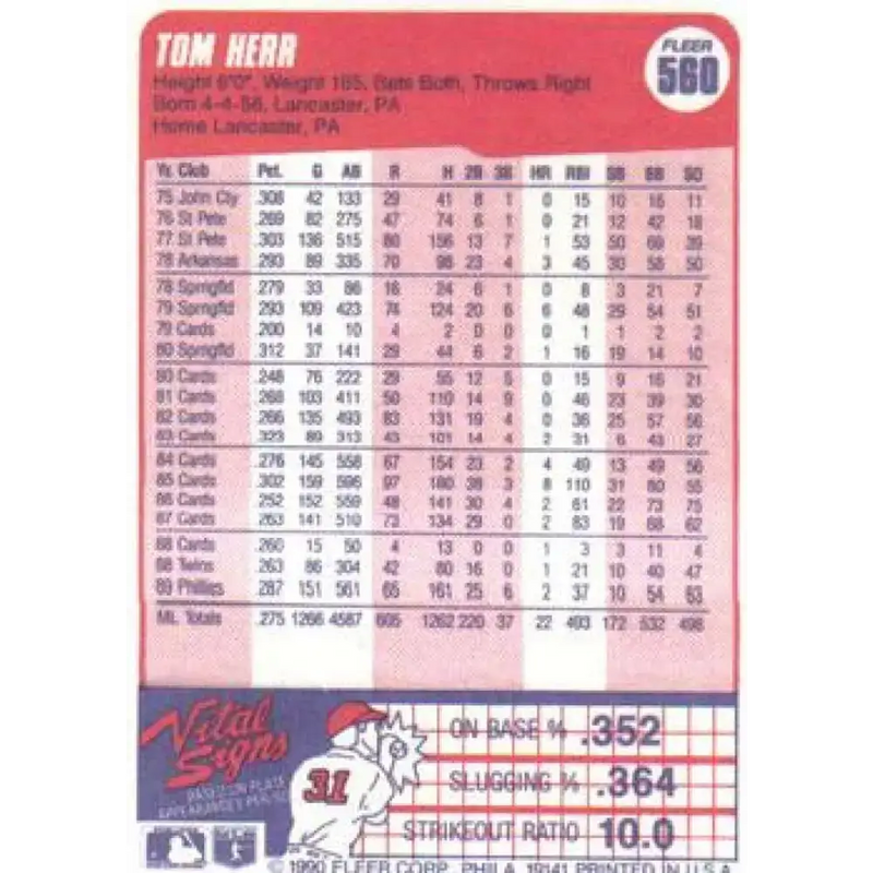 1990 Fleer #560 Tom Herr NM-MT Philadelphia Phillies Baseball Card - Baseball Card Single