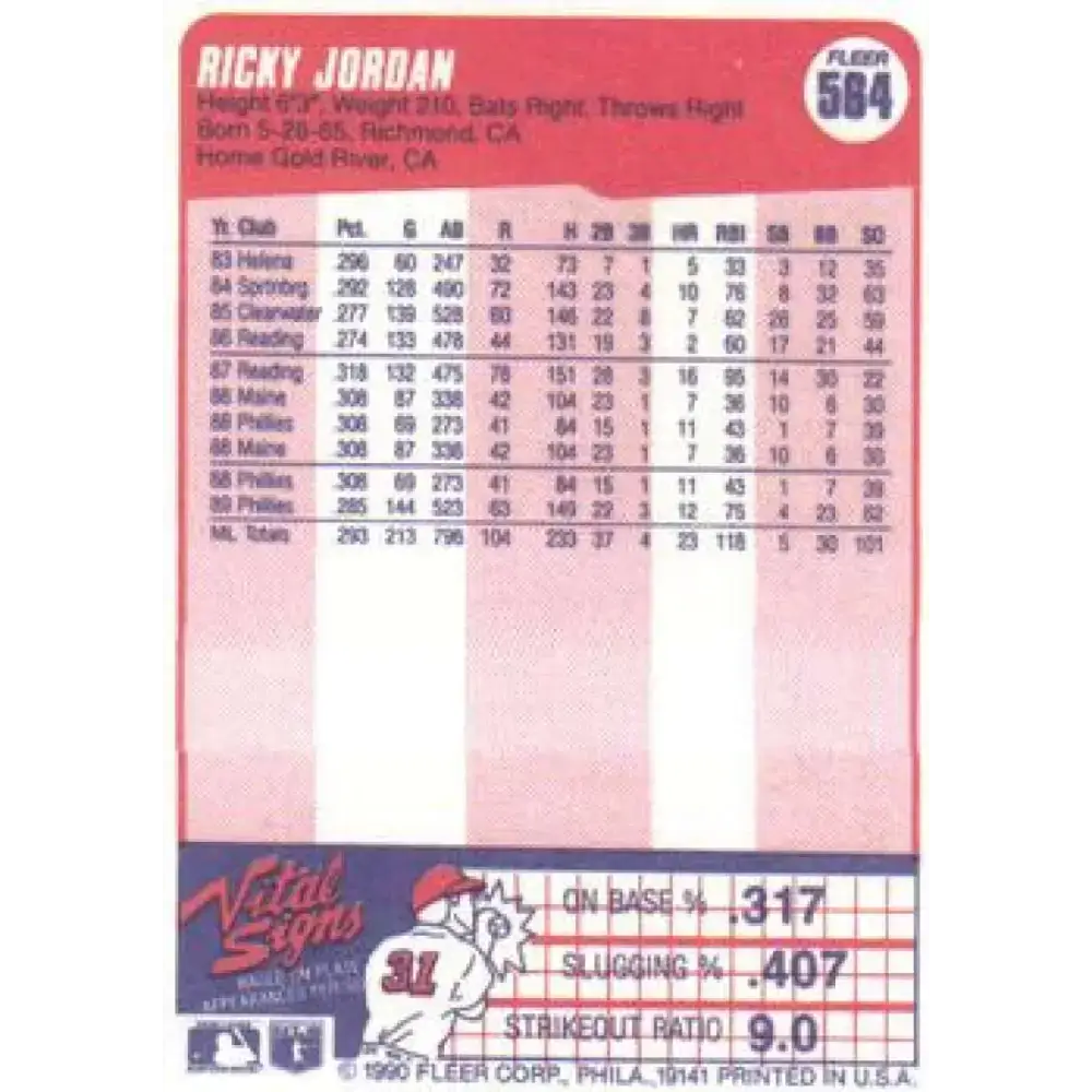 1990 Fleer #564 Ricky Jordan UER NM-MT Philadelphia Phillies Baseball Card - Baseball Card Single