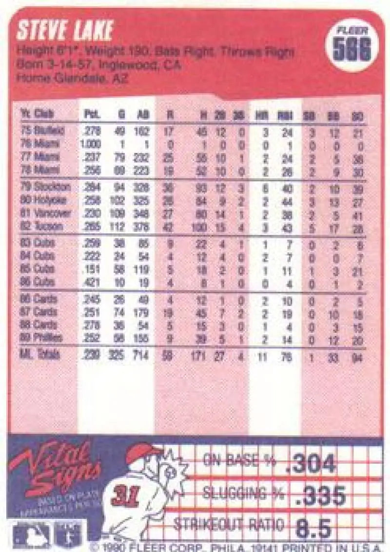 1990 Fleer #566 Steve Lake NM-MT Philadelphia Phillies Baseball Card - Baseball Card Single