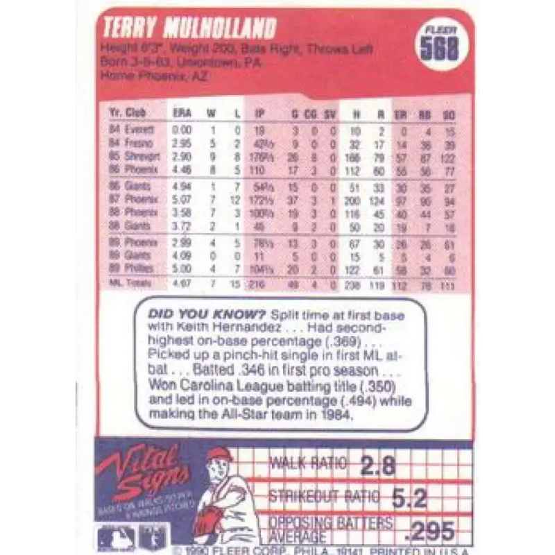 1990 Fleer #568 Terry Mulholland UER NM-MT Philadelphia Phillies Baseball Card - Baseball Card Single