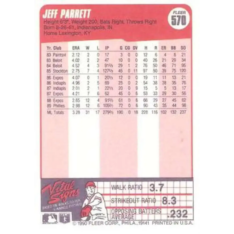 1990 Fleer #570 Jeff Parrett NM-MT Philadelphia Phillies Baseball Card - Baseball Card Single