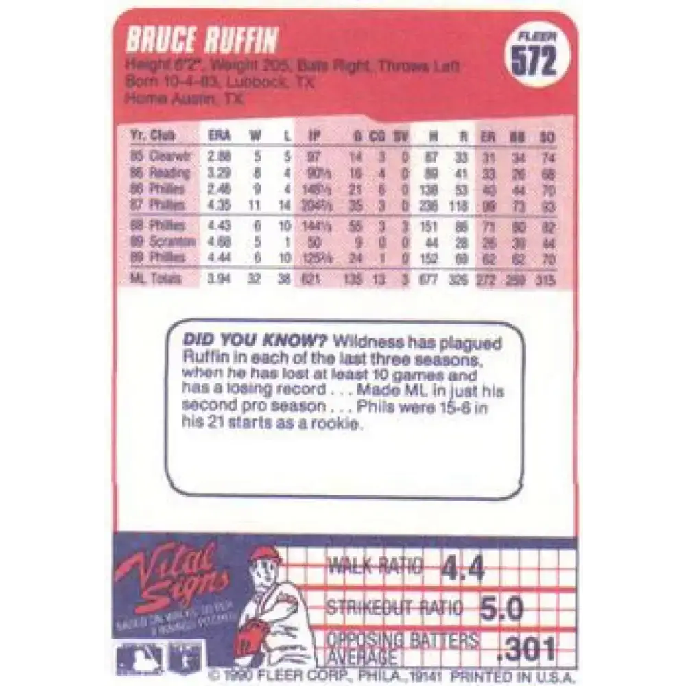 1990 Fleer #572 Bruce Ruffin NM-MT Philadelphia Phillies Baseball Card - Baseball Card Single