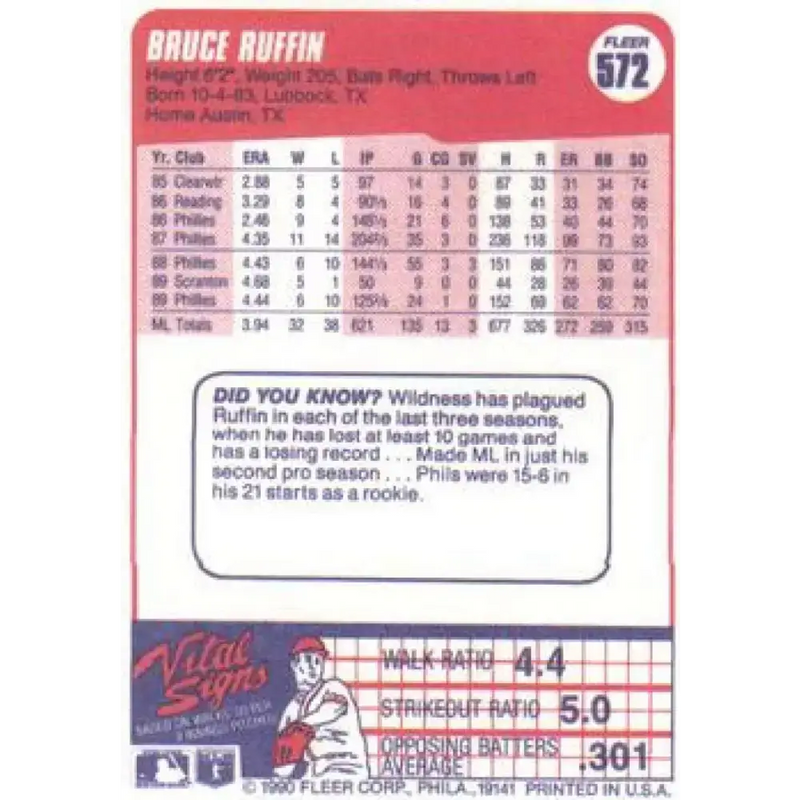 1990 Fleer #572 Bruce Ruffin NM-MT Philadelphia Phillies Baseball Card - Baseball Card Single