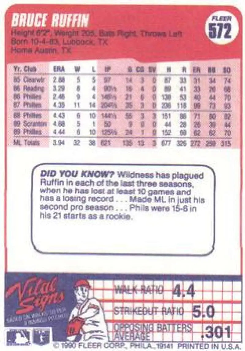1990 Fleer #572 Bruce Ruffin NM-MT Philadelphia Phillies Baseball Card - Baseball Card Single