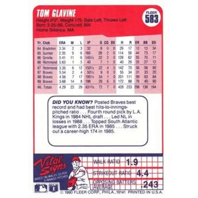 1990 Fleer #583 Tom Glavine NM-MT Atlanta Braves Baseball Card - Baseball Card Single
