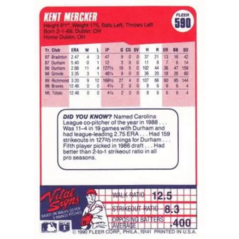 1990 Fleer #590 Kent Mercker NM-MT RC Rookie Atlanta Braves Baseball Card - Baseball Card Single