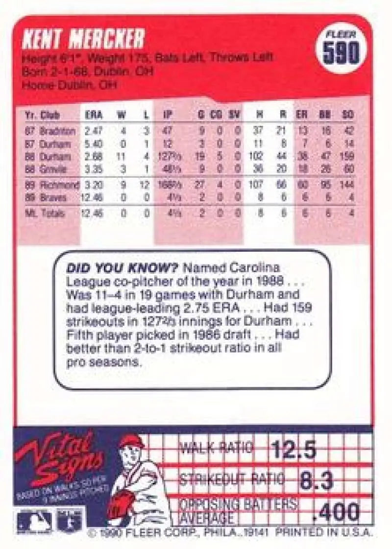 1990 Fleer #590 Kent Mercker NM-MT RC Rookie Atlanta Braves Baseball Card - Baseball Card Single
