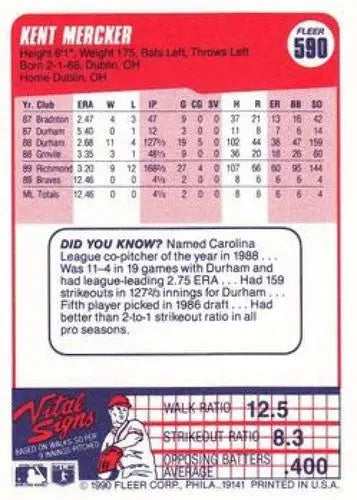 1990 Fleer #590 Kent Mercker NM-MT RC Rookie Braves - Baseball Card Single