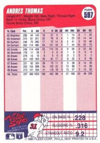 1990 Fleer #597 Andres Thomas NM-MT Braves - Baseball Card Single