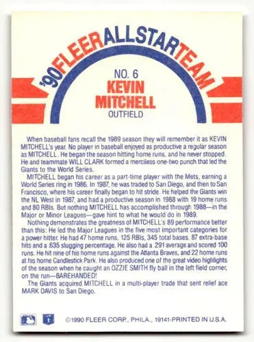 Back of 1990 Fleer Kevin Mitchell San Francisco Giants baseball card showing stats