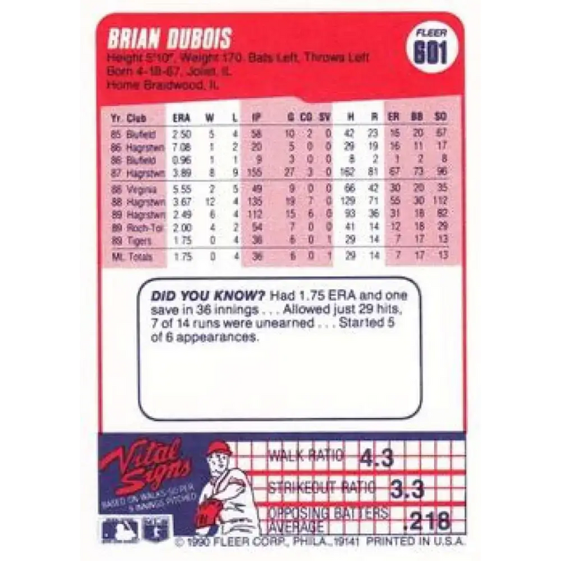 1990 Fleer #601 Brian DuBois NM-MT RC Rookie Detroit Tigers Baseball Card - Baseball Card Single